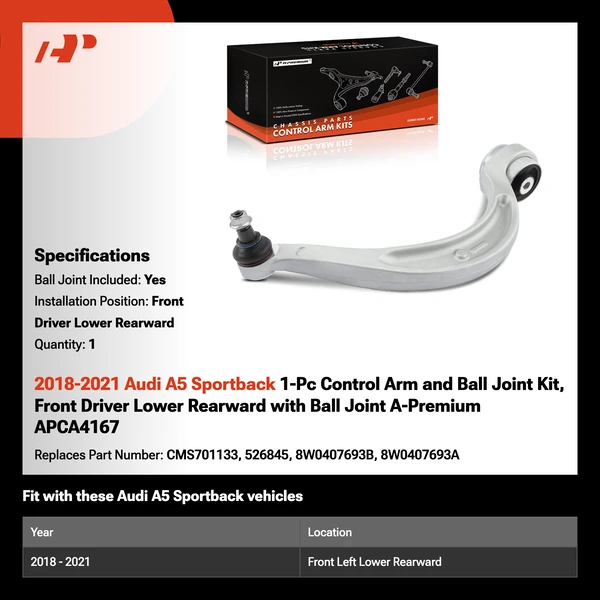 2018-2021 Audi A5 Sportback 1-Pc Control Arm and Ball Joint Kit, Front Driver Lower Rearward with Ball Joint A-Premium APCA4167