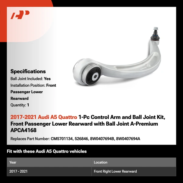 2017-2021 Audi A5 Quattro 1-Pc Control Arm and Ball Joint Kit, Front Passenger Lower Rearward with Ball Joint A-Premium APCA4168