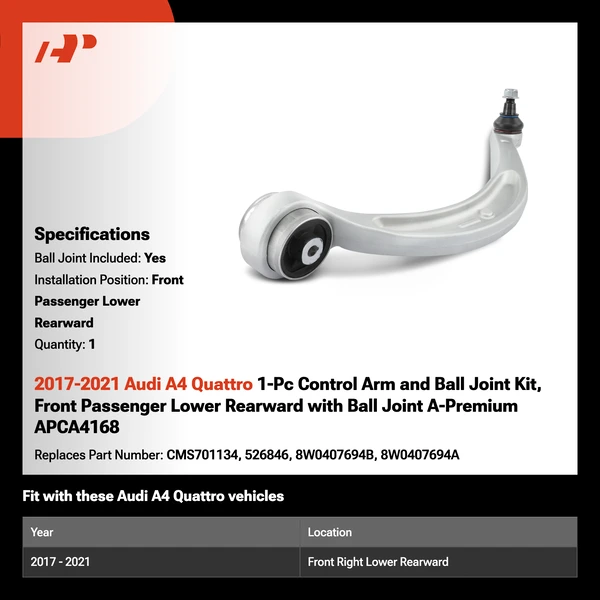 2017-2021 Audi A4 Quattro 1-Pc Control Arm and Ball Joint Kit, Front Passenger Lower Rearward with Ball Joint A-Premium APCA4168