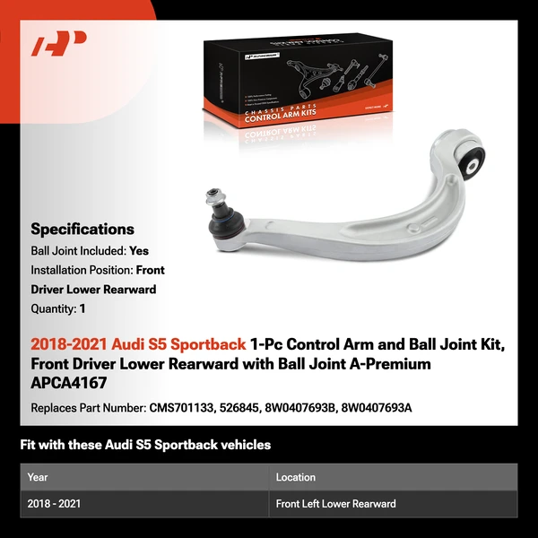 2018-2021 Audi S5 Sportback 1-Pc Control Arm and Ball Joint Kit, Front Driver Lower Rearward with Ball Joint A-Premium APCA4167