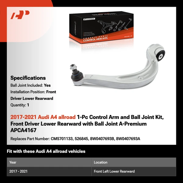 2017-2021 Audi A4 allroad 1-Pc Control Arm and Ball Joint Kit, Front Driver Lower Rearward with Ball Joint A-Premium APCA4167