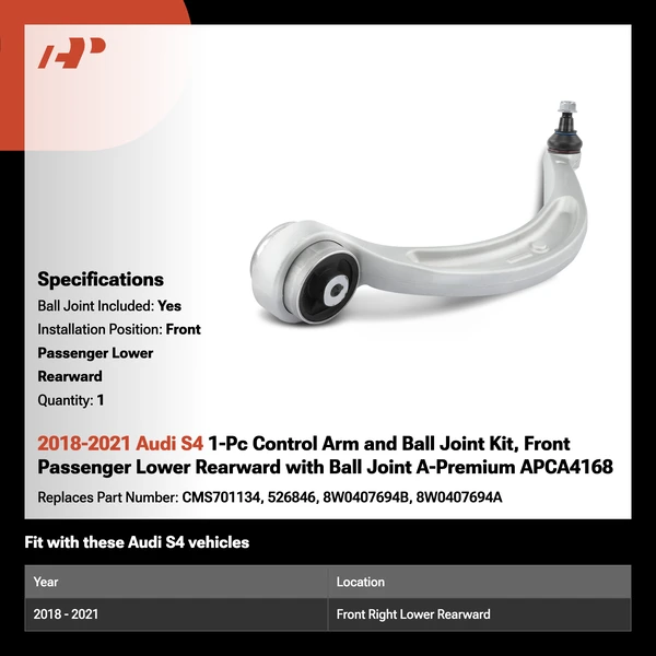2018-2021 Audi S4 1-Pc Control Arm and Ball Joint Kit, Front Passenger Lower Rearward with Ball Joint A-Premium APCA4168