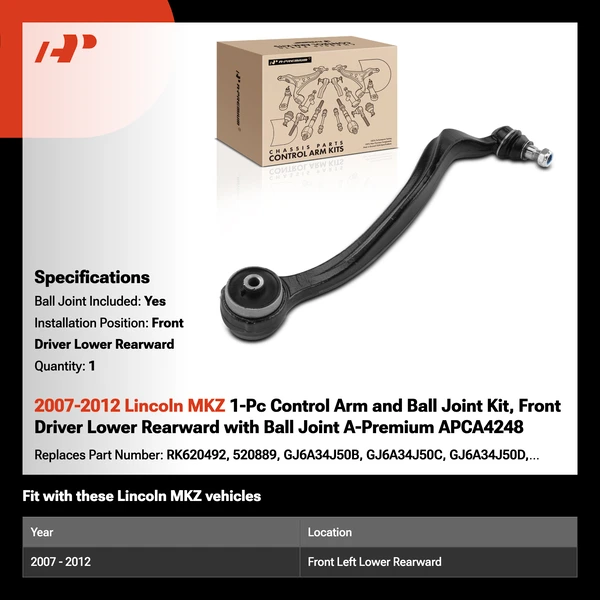 2007-2012 Lincoln MKZ 1-Pc Control Arm and Ball Joint Kit, Front Driver Lower Rearward with Ball Joint A-Premium APCA4248