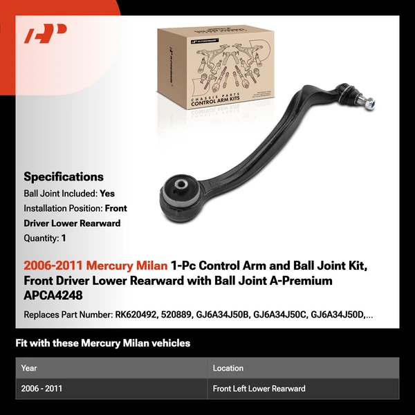 2006-2011 Mercury Milan 1-Pc Control Arm and Ball Joint Kit, Front Driver Lower Rearward with Ball Joint A-Premium APCA4248