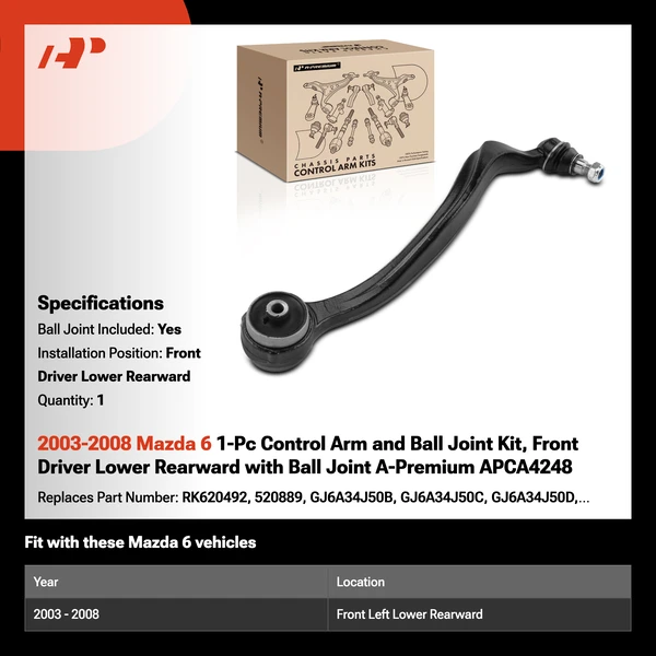 2003-2008 Mazda 6 1-Pc Control Arm and Ball Joint Kit, Front Driver Lower Rearward with Ball Joint A-Premium APCA4248