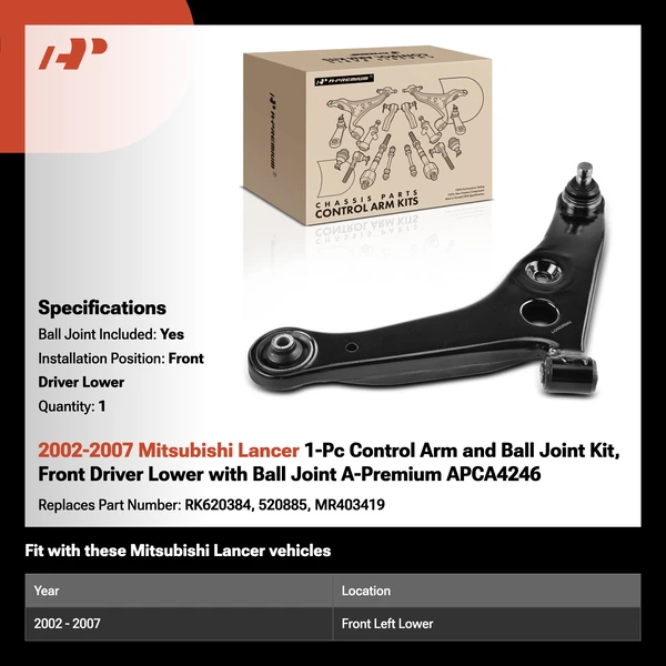 2002-2007 Mitsubishi Lancer 1-Pc Control Arm and Ball Joint Kit, Front Driver Lower with Ball Joint A-Premium APCA4246