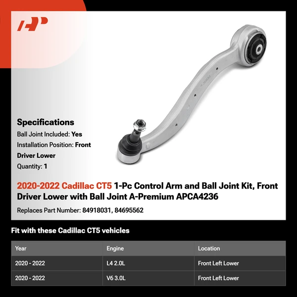 2020-2022 Cadillac CT5 1-Pc Control Arm and Ball Joint Kit, Front Driver Lower with Ball Joint A-Premium APCA4236