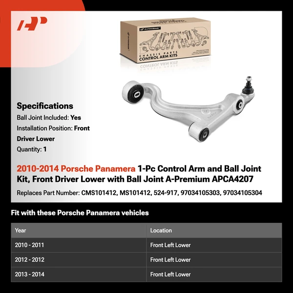 2010-2014 Porsche Panamera 1-Pc Control Arm and Ball Joint Kit, Front Driver Lower with Ball Joint A-Premium APCA4207