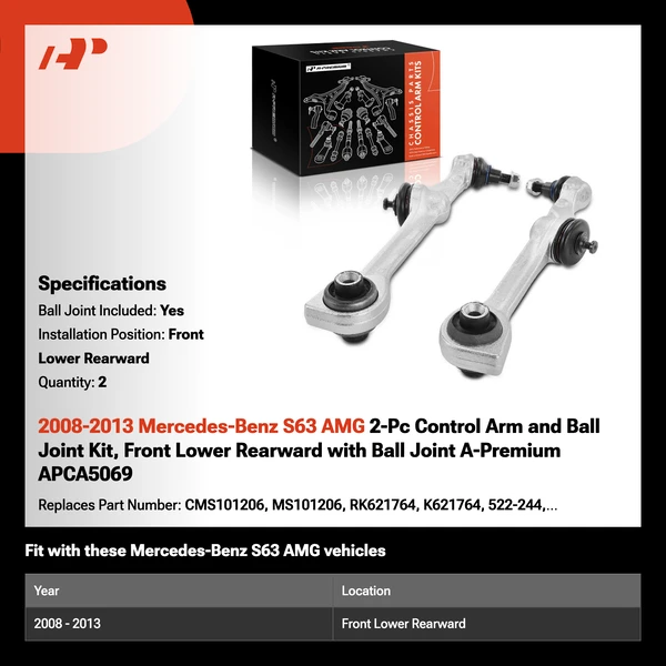 2008-2013 Mercedes-Benz S63 AMG 2-Pc Control Arm and Ball Joint Kit, Front Lower Rearward with Ball Joint A-Premium APCA5069