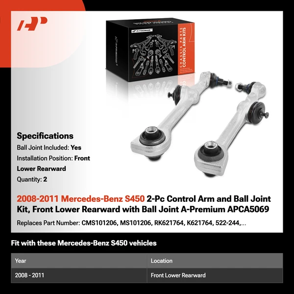 2008-2011 Mercedes-Benz S450 2-Pc Control Arm and Ball Joint Kit, Front Lower Rearward with Ball Joint A-Premium APCA5069