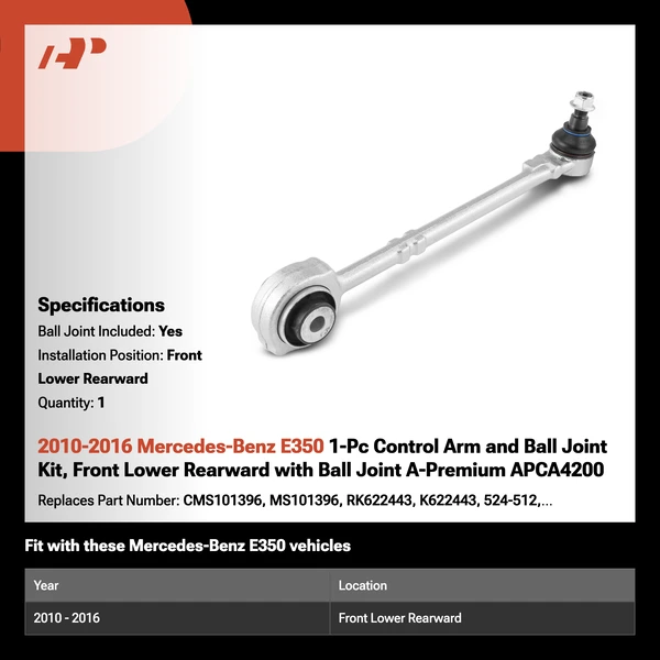 2010-2016 Mercedes-Benz E350 1-Pc Control Arm and Ball Joint Kit, Front Lower Rearward with Ball Joint A-Premium APCA4200