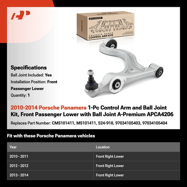 2010-2014 Porsche Panamera 1-Pc Control Arm and Ball Joint Kit, Front Passenger Lower with Ball Joint A-Premium APCA4206