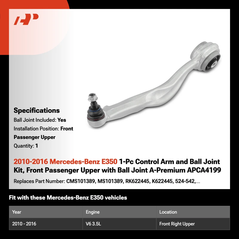 2010-2016 Mercedes-Benz E350 1-Pc Control Arm and Ball Joint Kit, Front Passenger Upper with Ball Joint A-Premium APCA4199