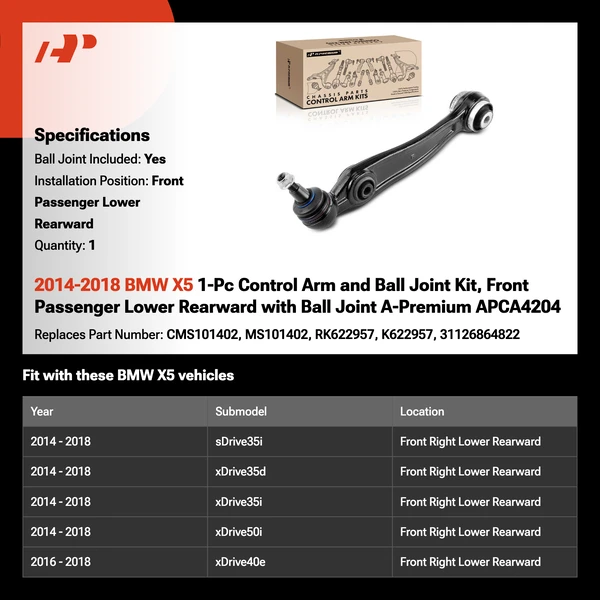 2014-2018 BMW X5 1-Pc Control Arm and Ball Joint Kit, Front Passenger Lower Rearward with Ball Joint A-Premium APCA4204