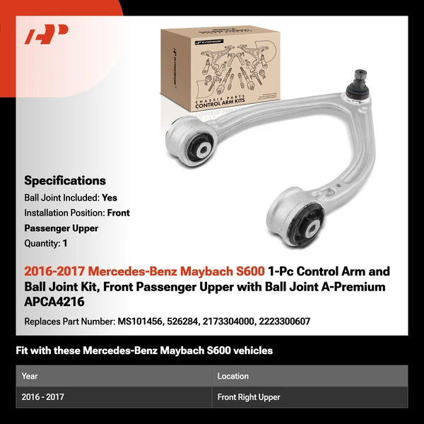 2016-2017 Mercedes-Benz Maybach S600 1-Pc Control Arm and Ball Joint Kit, Front Passenger Upper with Ball Joint A-Premium APCA4216