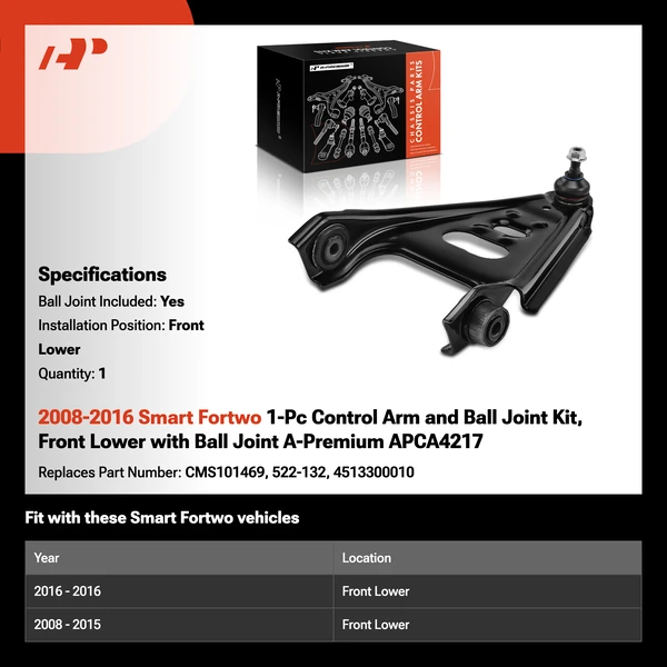 2008-2016 Smart Fortwo 1-Pc Control Arm and Ball Joint Kit, Front Lower with Ball Joint A-Premium APCA4217