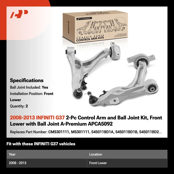 2008-2013 INFINITI G37 2-Pc Control Arm and Ball Joint Kit, Front Lower with Ball Joint A-Premium APCA5092