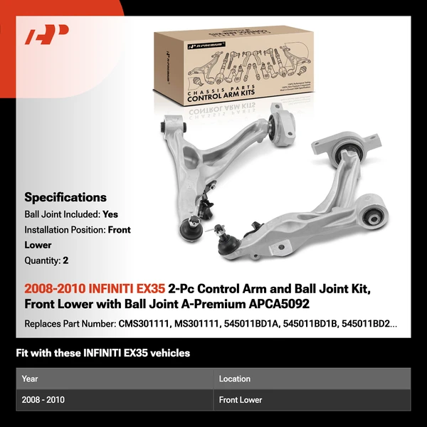 2008-2010 INFINITI EX35 2-Pc Control Arm and Ball Joint Kit, Front Lower with Ball Joint A-Premium APCA5092