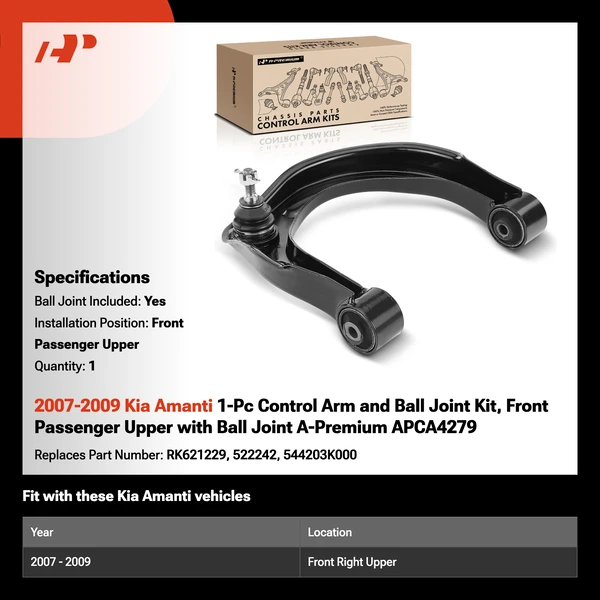 2007-2009 Kia Amanti 1-Pc Control Arm and Ball Joint Kit, Front Passenger Upper with Ball Joint A-Premium APCA4279