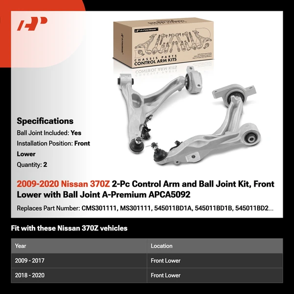 2009-2020 Nissan 370Z 2-Pc Control Arm and Ball Joint Kit, Front Lower with Ball Joint A-Premium APCA5092