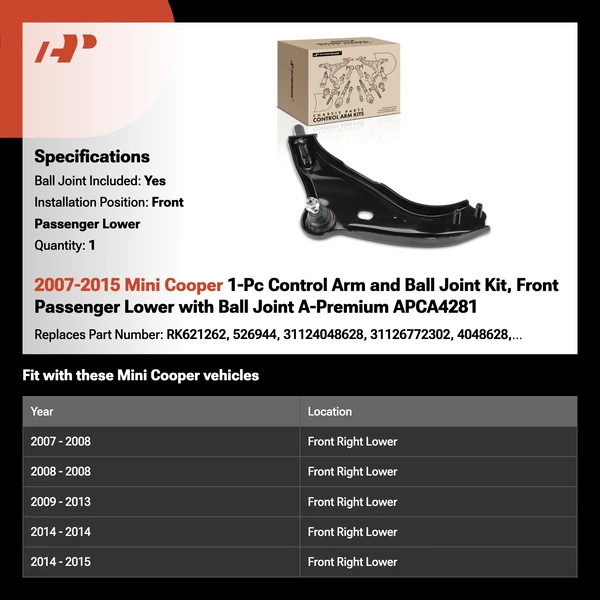 2007-2015 Mini Cooper 1-Pc Control Arm and Ball Joint Kit, Front Passenger Lower with Ball Joint A-Premium APCA4281