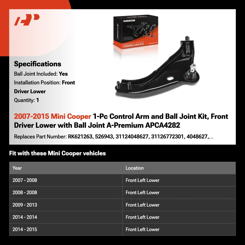 2007-2015 Mini Cooper 1-Pc Control Arm and Ball Joint Kit, Front Driver Lower with Ball Joint A-Premium APCA4282
