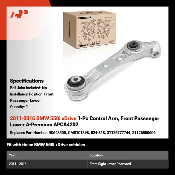 2011-2016 BMW 550i xDrive 1-Pc Control Arm, Front Passenger Lower A-Premium APCA4202