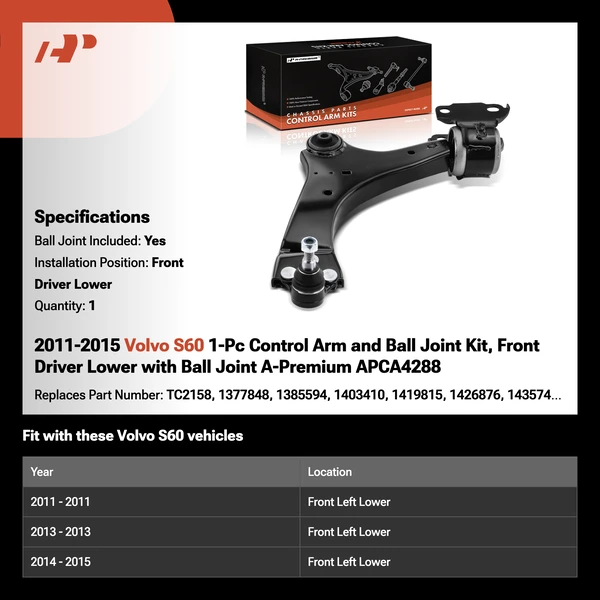 2011-2015 Volvo S60 1-Pc Control Arm and Ball Joint Kit, Front Driver Lower with Ball Joint A-Premium APCA4288