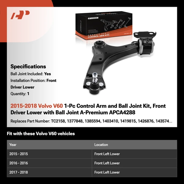 2015-2018 Volvo V60 1-Pc Control Arm and Ball Joint Kit, Front Driver Lower with Ball Joint A-Premium APCA4288