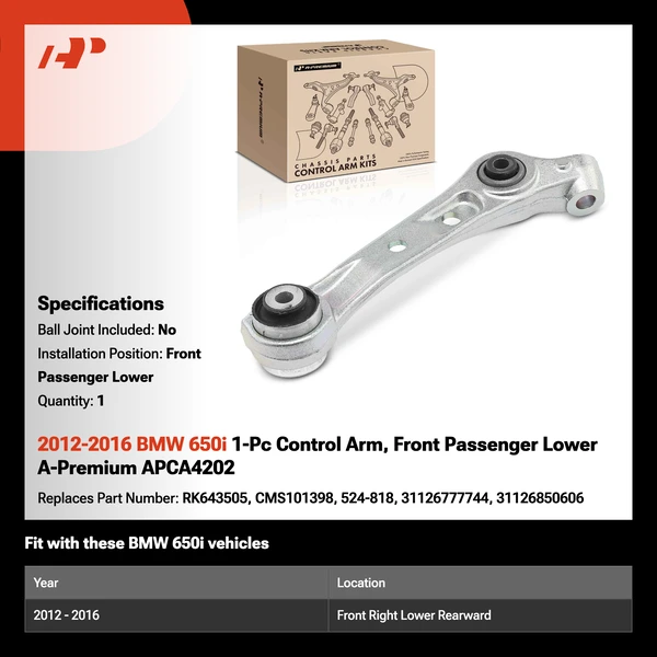 2012-2016 BMW 650i 1-Pc Control Arm, Front Passenger Lower A-Premium APCA4202