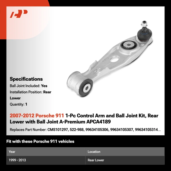 2007-2012 Porsche 911 1-Pc Control Arm and Ball Joint Kit, Rear Lower with Ball Joint A-Premium APCA4189