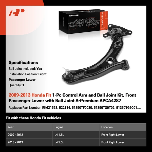 2009-2013 Honda Fit 1-Pc Control Arm and Ball Joint Kit, Front Passenger Lower with Ball Joint A-Premium APCA4287
