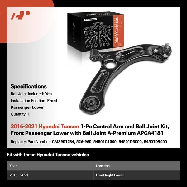 2016-2021 Hyundai Tucson 1-Pc Control Arm and Ball Joint Kit, Front Passenger Lower with Ball Joint A-Premium APCA4181