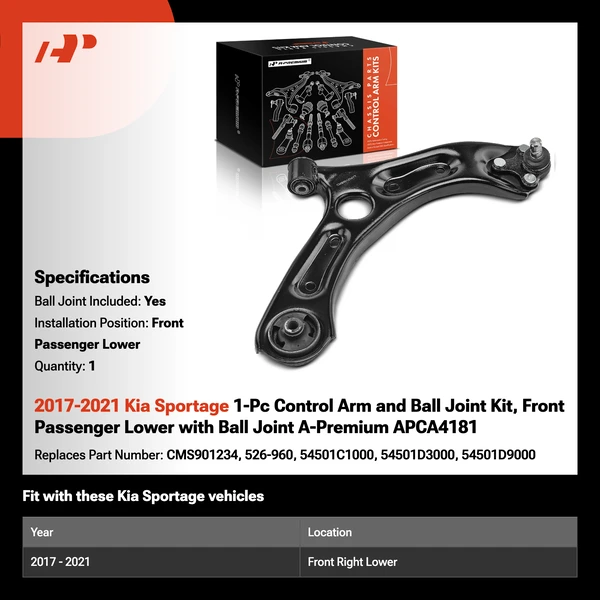 2017-2021 Kia Sportage 1-Pc Control Arm and Ball Joint Kit, Front Passenger Lower with Ball Joint A-Premium APCA4181