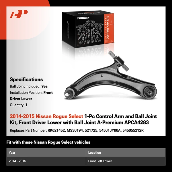2014-2015 Nissan Rogue Select 1-Pc Control Arm and Ball Joint Kit, Front Driver Lower with Ball Joint A-Premium APCA4283