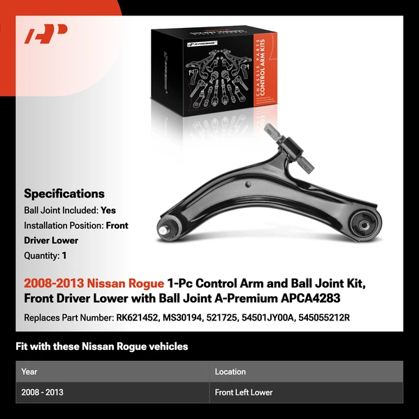 2008-2013 Nissan Rogue 1-Pc Control Arm and Ball Joint Kit, Front Driver Lower with Ball Joint A-Premium APCA4283