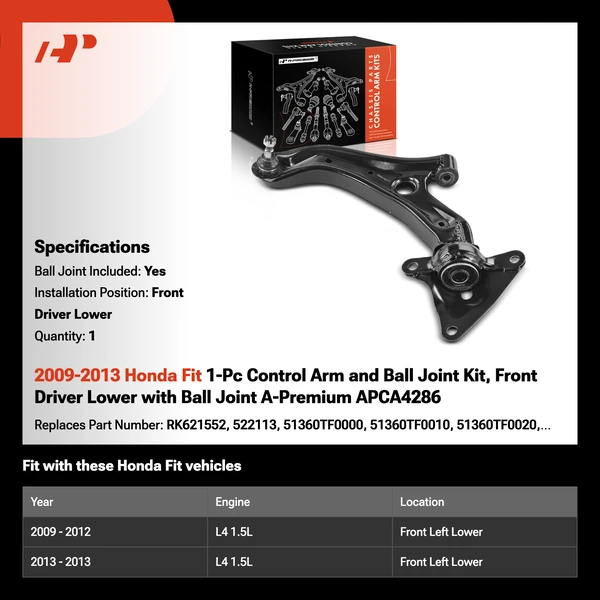 2009-2013 Honda Fit 1-Pc Control Arm and Ball Joint Kit, Front Driver Lower with Ball Joint A-Premium APCA4286