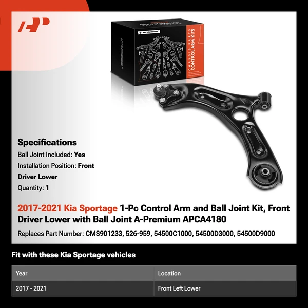 2017-2021 Kia Sportage 1-Pc Control Arm and Ball Joint Kit, Front Driver Lower with Ball Joint A-Premium APCA4180