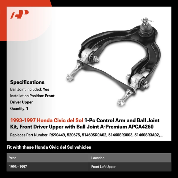 1993-1997 Honda Civic del Sol 1-Pc Control Arm and Ball Joint Kit, Front Driver Upper with Ball Joint A-Premium APCA4260