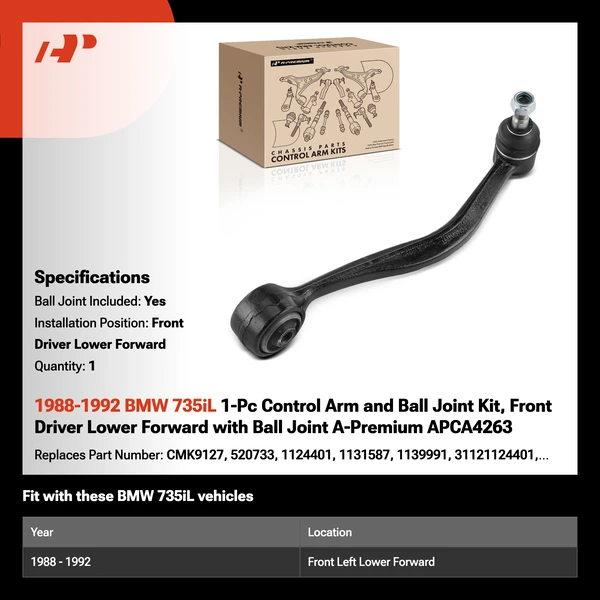1988-1992 BMW 735iL 1-Pc Control Arm and Ball Joint Kit, Front Driver Lower Forward with Ball Joint A-Premium APCA4263