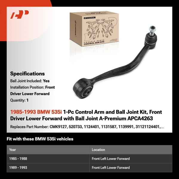 1985-1993 BMW 535i 1-Pc Control Arm and Ball Joint Kit, Front Driver Lower Forward with Ball Joint A-Premium APCA4263
