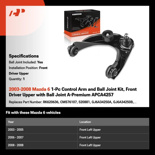 2003-2008 Mazda 6 1-Pc Control Arm and Ball Joint Kit, Front Driver Upper with Ball Joint A-Premium APCA4257