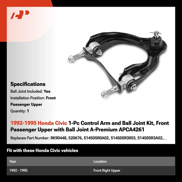 1992-1995 Honda Civic 1-Pc Control Arm and Ball Joint Kit, Front Passenger Upper with Ball Joint A-Premium APCA4261