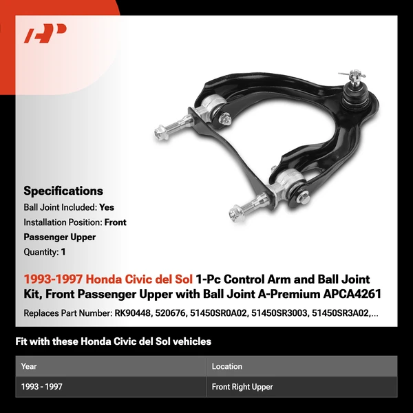 1993-1997 Honda Civic del Sol 1-Pc Control Arm and Ball Joint Kit, Front Passenger Upper with Ball Joint A-Premium APCA4261