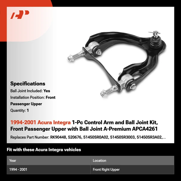 1994-2001 Acura Integra 1-Pc Control Arm and Ball Joint Kit, Front Passenger Upper with Ball Joint A-Premium APCA4261