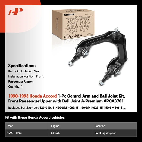 1990-1993 Honda Accord 1-Pc Control Arm and Ball Joint Kit, Front Passenger Upper with Ball Joint A-Premium APCA3701
