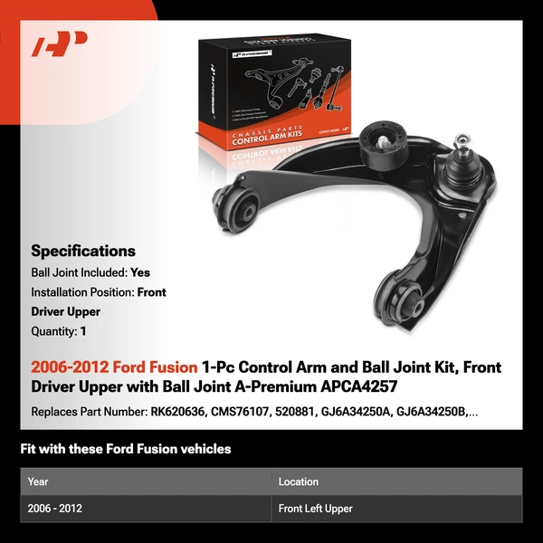 2006-2012 Ford Fusion 1-Pc Control Arm and Ball Joint Kit, Front Driver Upper with Ball Joint A-Premium APCA4257
