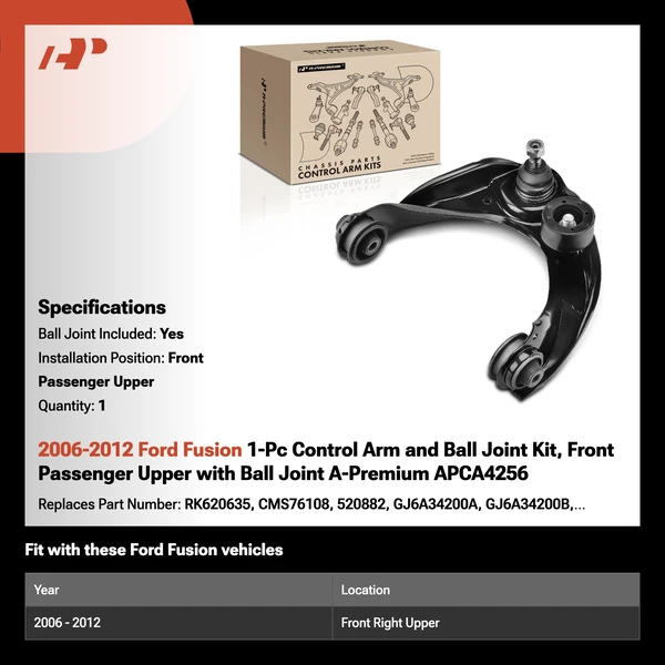 2006-2012 Ford Fusion 1-Pc Control Arm and Ball Joint Kit, Front Passenger Upper with Ball Joint A-Premium APCA4256
