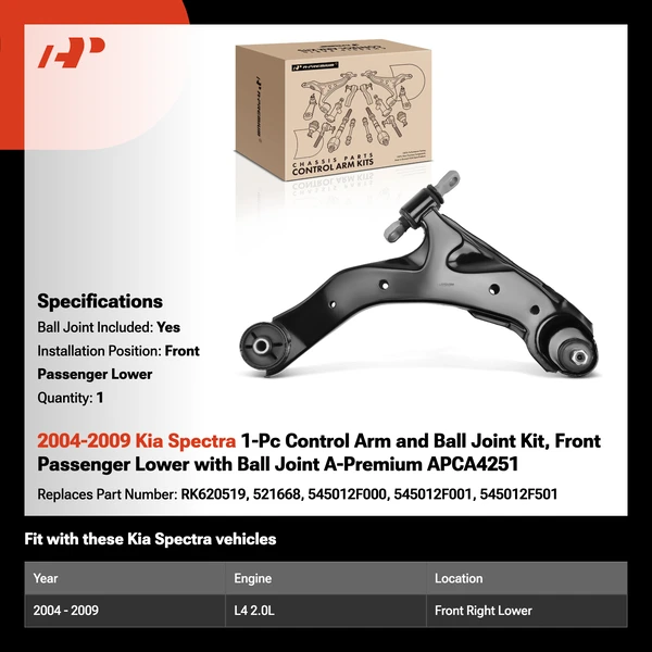 2004-2009 Kia Spectra 1-Pc Control Arm and Ball Joint Kit, Front Passenger Lower with Ball Joint A-Premium APCA4251