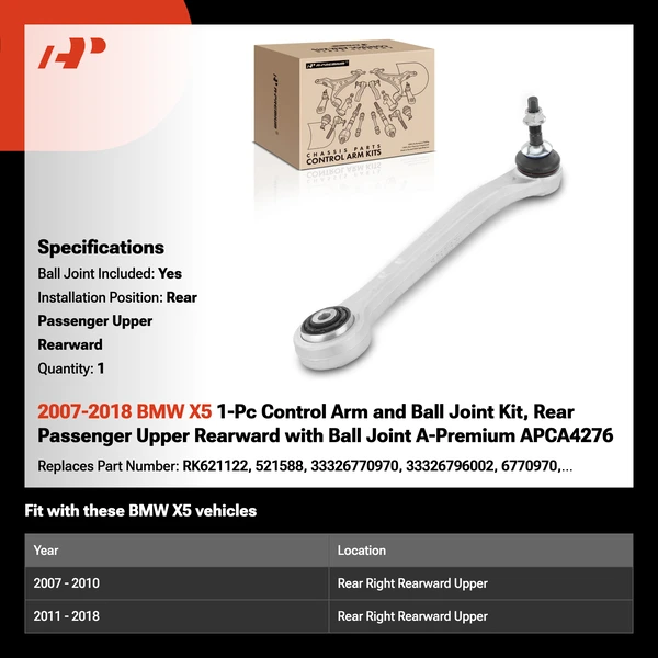 2007-2018 BMW X5 1-Pc Control Arm and Ball Joint Kit, Rear Passenger Upper Rearward with Ball Joint A-Premium APCA4276